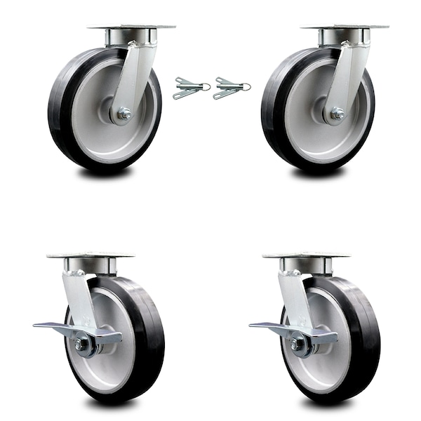 8 Inch Kingpinless Rubber on Aluminum Wheel Caster Swivel Locks 2 Brakes, 2PK